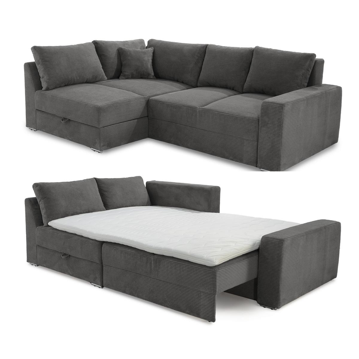 ECKSOFA-DAUERSCHLÄFER Boxspring Federkern Topper Bettkasten, seitenverkehrt montierbar B260/T181/H88 cm, Cord Dunkelgrau / 15233 - Chromfarben/Dunkelgrau, Textil/Metall (260/181cm) - luma-home