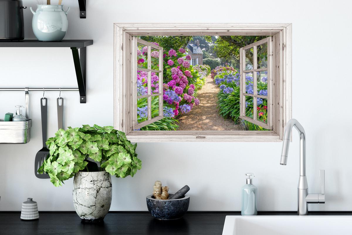 WANDTATTOO Hortensie - Durchsichtig - Blumen - Sommer - Lila - Weg Deko Wohnzimmer 60x40 cm - Lila, Kunststoff (60/40/0.1cm) - MuchoWow