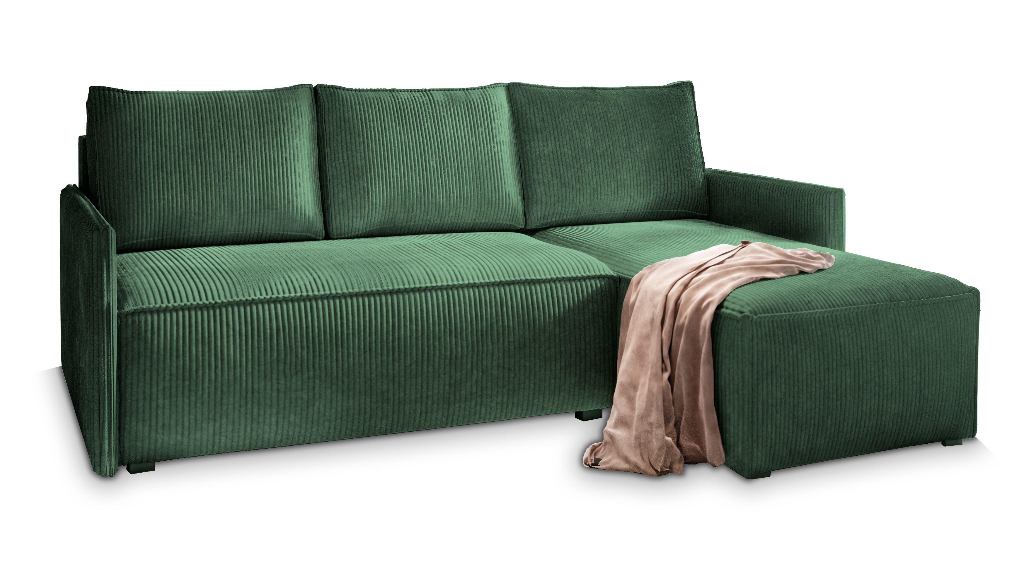ECKSOFA PERUSI Grün Kordstoff mit Schlaffunktion - Grau/Grün, Holz/Kunststoff (206/143cm) - MASSENO