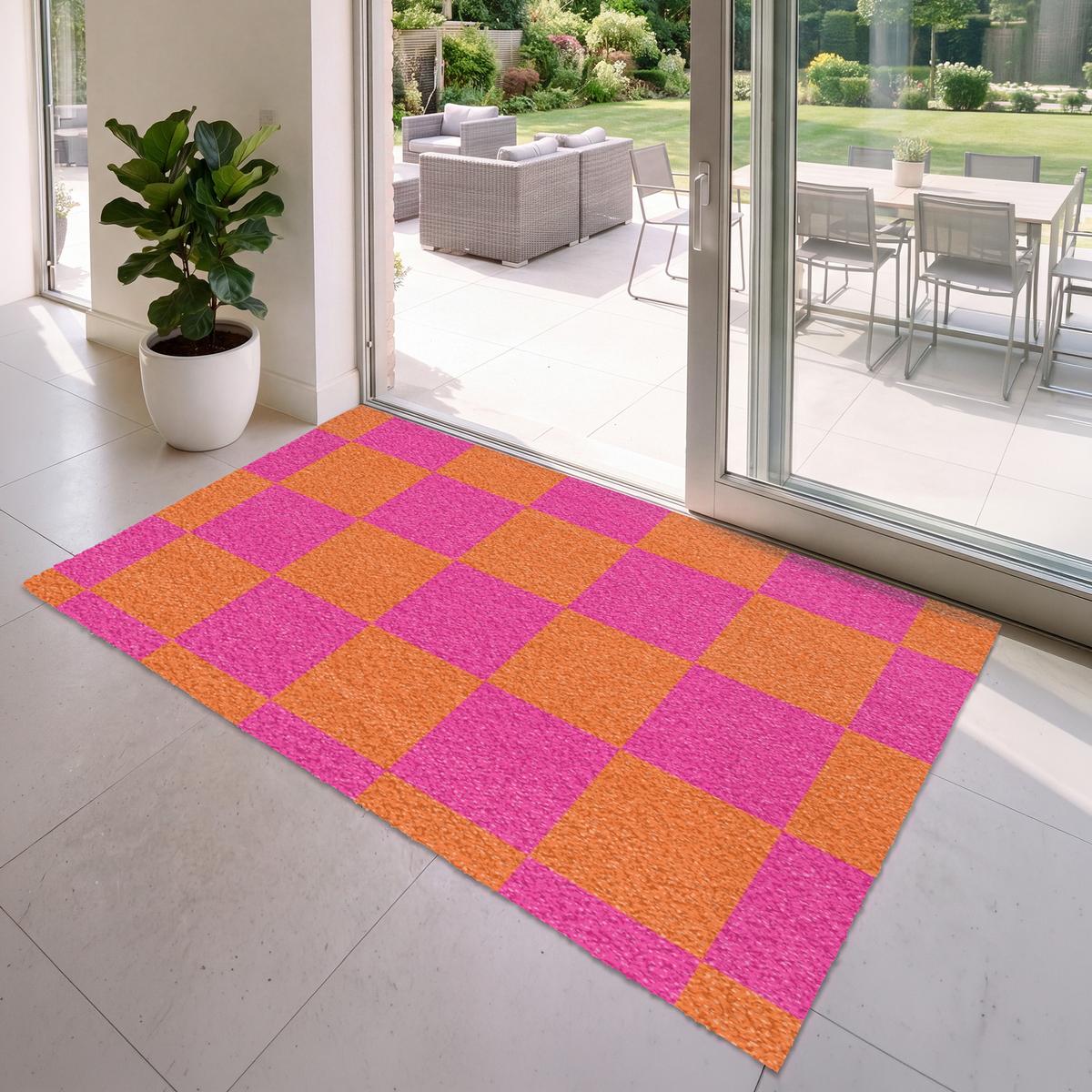 FUSSMATTE Schachbrettmuster - Orange - Rosa - Blöcke Schmutzfangmatte 180x120 cm - Pink, Kunststoff (180/0.4cm) - MuchoWow