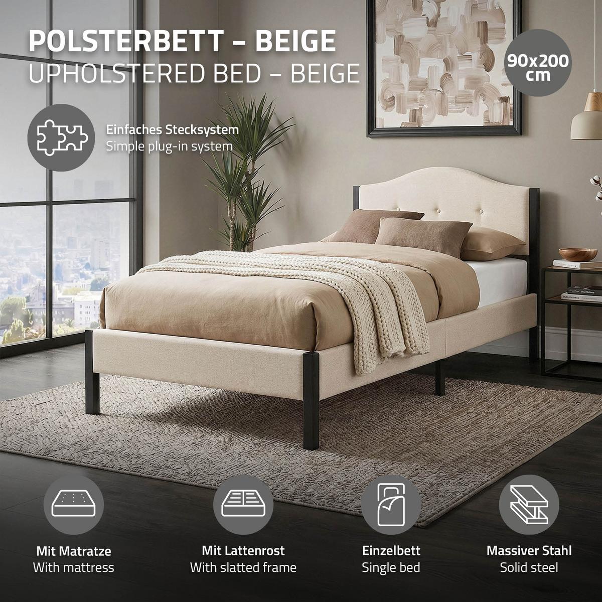 POLSTERBETT 90x200 cm Beige Bettgestell mit Matratze und Lattenrost - Beige, Holz/Textil (90/200cm) - ML-DESIGN