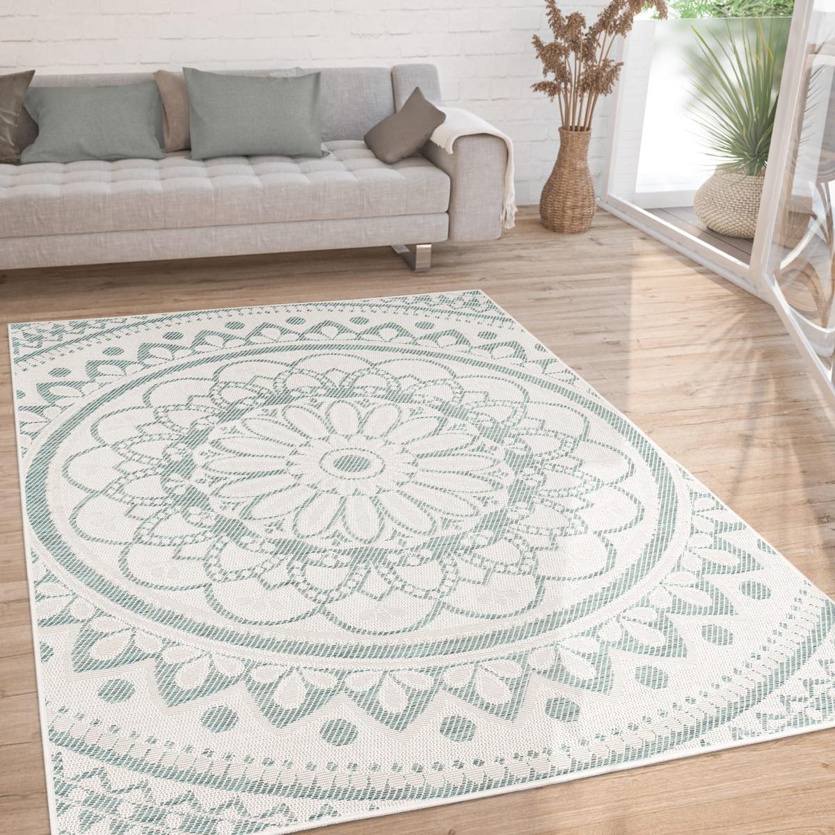 FLACHWEBTEPPICH, mit Mandala-Muster, Türkis, 120 x 160 cm - Blau, Textil (120/160cm) - KADIMA DESIGN