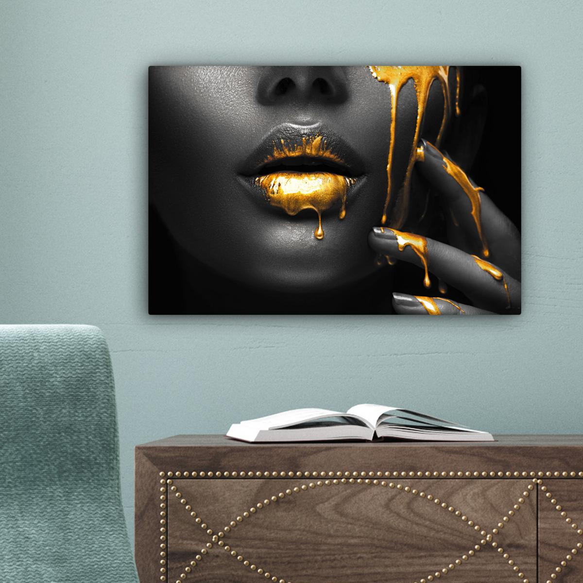 LEINWANDBILD Frau - Schwarz - Gold - Gesicht - Lippen Deko Schlafzimmer 30x20 cm - Goldfarben, Textil (30/20cm) - MuchoWow