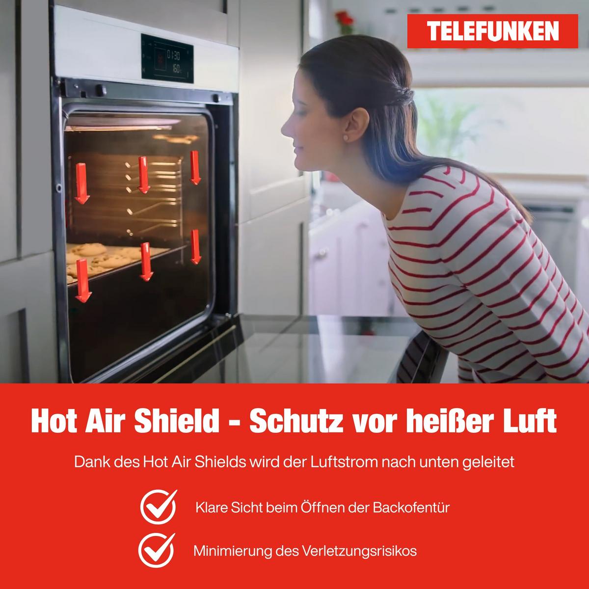 EINBAUBACKOFEN autark, 78 Liter, 60 cm Backofen, Hot Air Shield, Umluft/Ober-Unterhitze, 5 Funktionen - Schwarz, Metall (59.5/59.5/55cm) - Telefunken