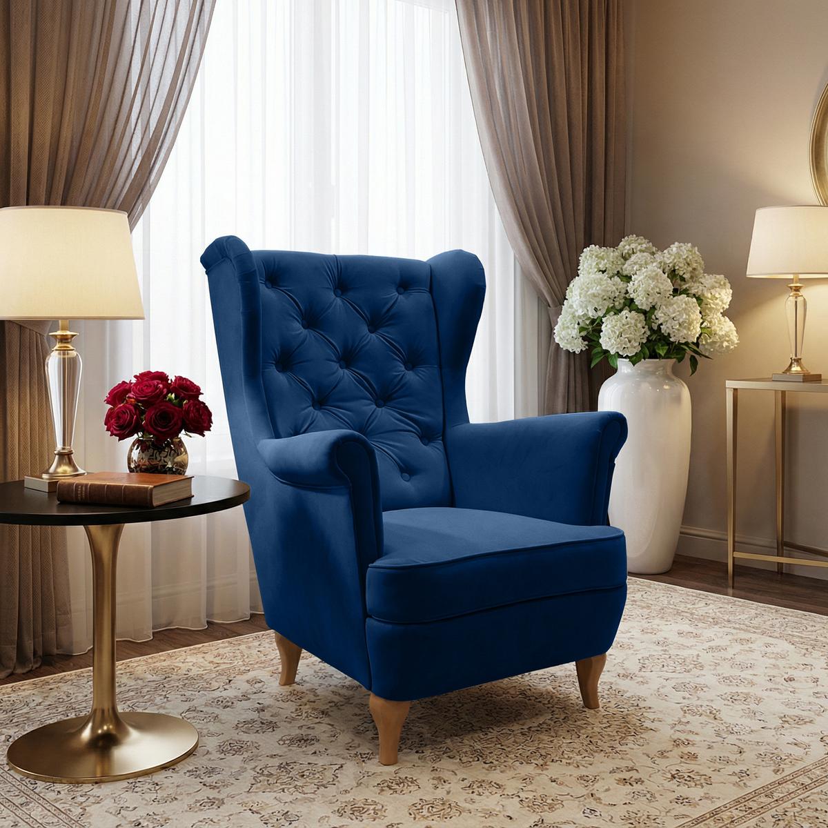 CHESTERFIELD-SESSEL Falco marineblau mit Holzbeinen - Buchefarben/Dunkelblau, Holz/Textil (82/102/92cm) - Beautysofa