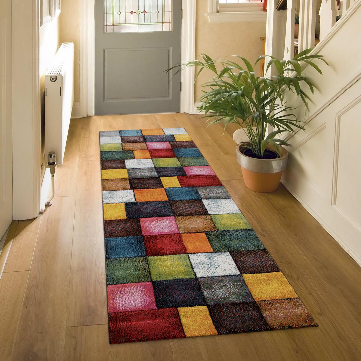 KURZFLORTEPPICH, kariert, aus Polypropylen, Florhöhe 12 mm, Mehrfarbig, 80 x 300 cm - Multicolor, Textil (300/80cm) - KADIMA DESIGN
