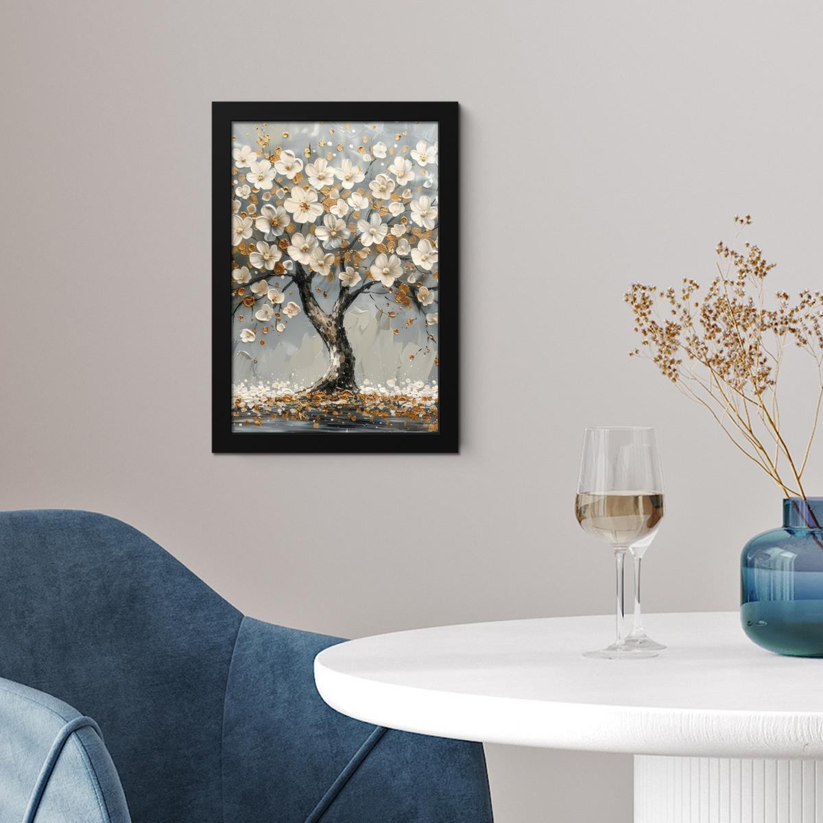 POSTER MIT RAHMEN Baum - Blumen - Weiß - Natur - Kunst Poster 20x30 cm - Weiß, Papier (20/30cm) - MuchoWow