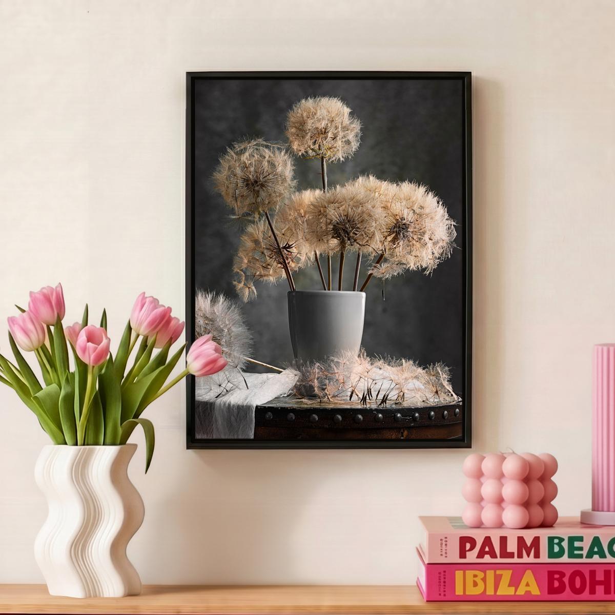 LEINWAND Bilder mit Rahmen - Blumensamen - Löwenzahn - Vase - Stilleben - Blumenstrauß - 30x40 - Dunkelgrau, Textil (30/40cm) - MuchoWow