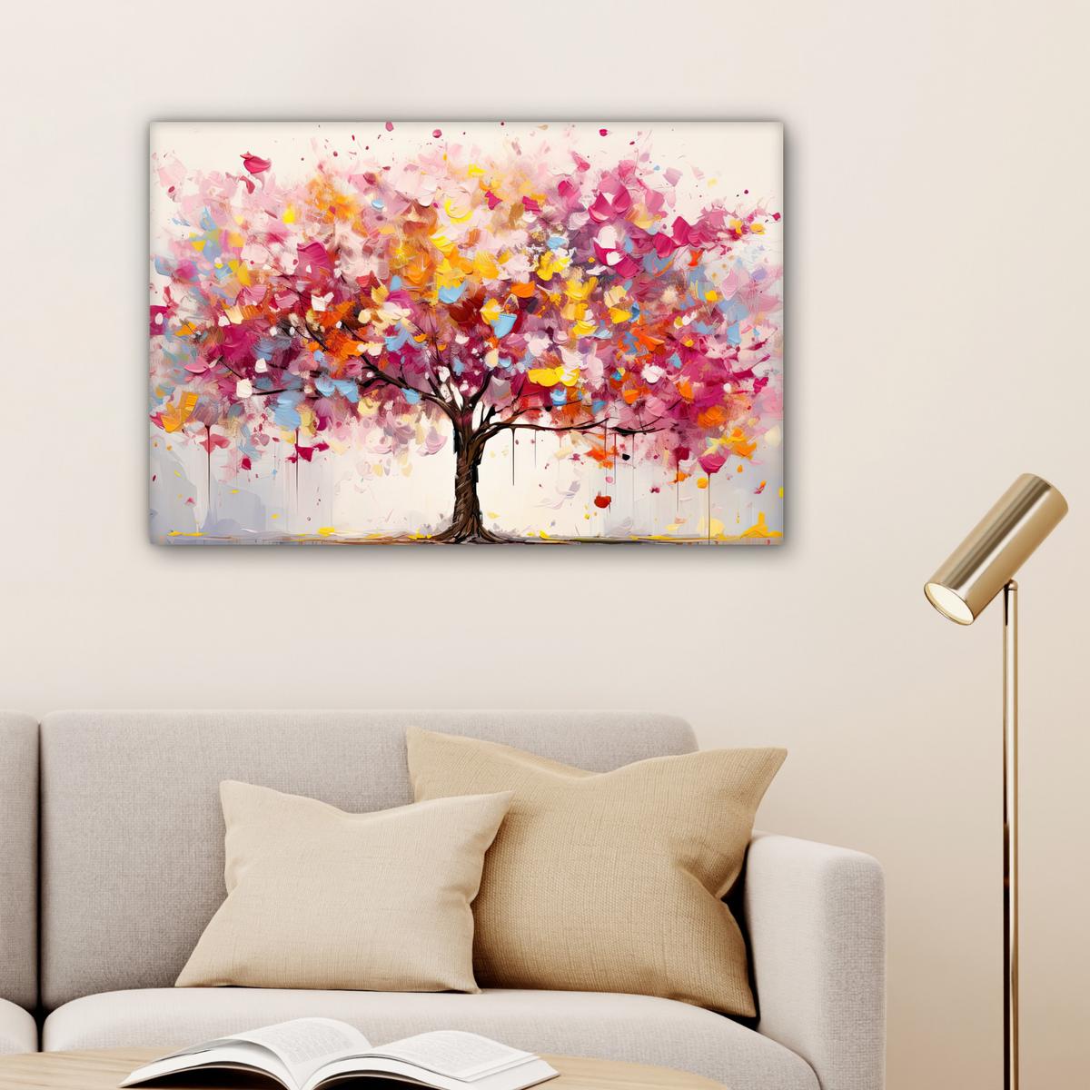 LEINWANDBILD Aquarell - Baum - Kunst - Abstrakt Gemälde 60x40 cm - Rosa, Textil (60/40cm) - MuchoWow