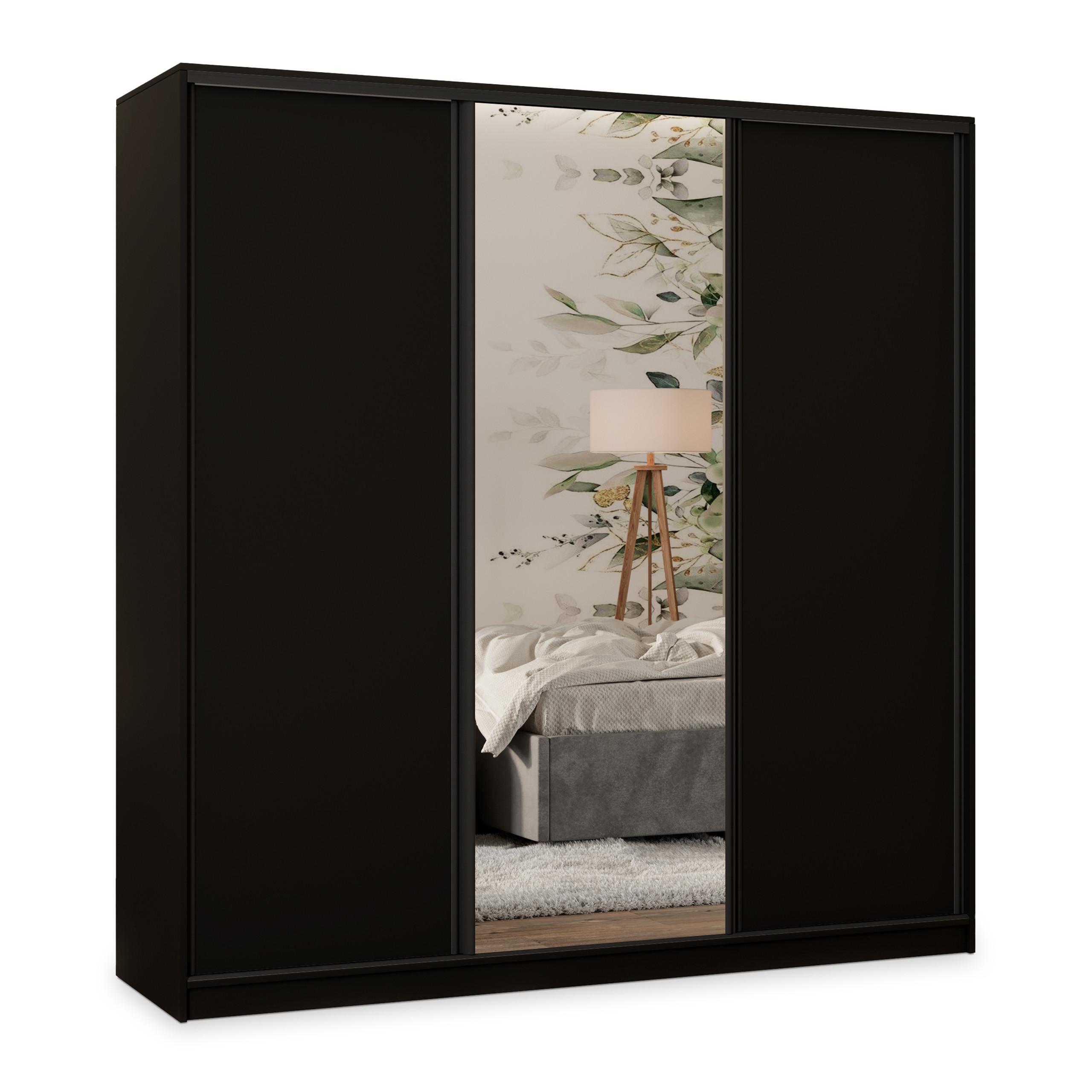 SCHWEBETÜRENSCHRANK TARI 180/205/58 cm 3-türig mit Spiegel und Schubladen Schwarz - Schwarz, Holzwerkstoff (180/205/58cm) - MASSENO