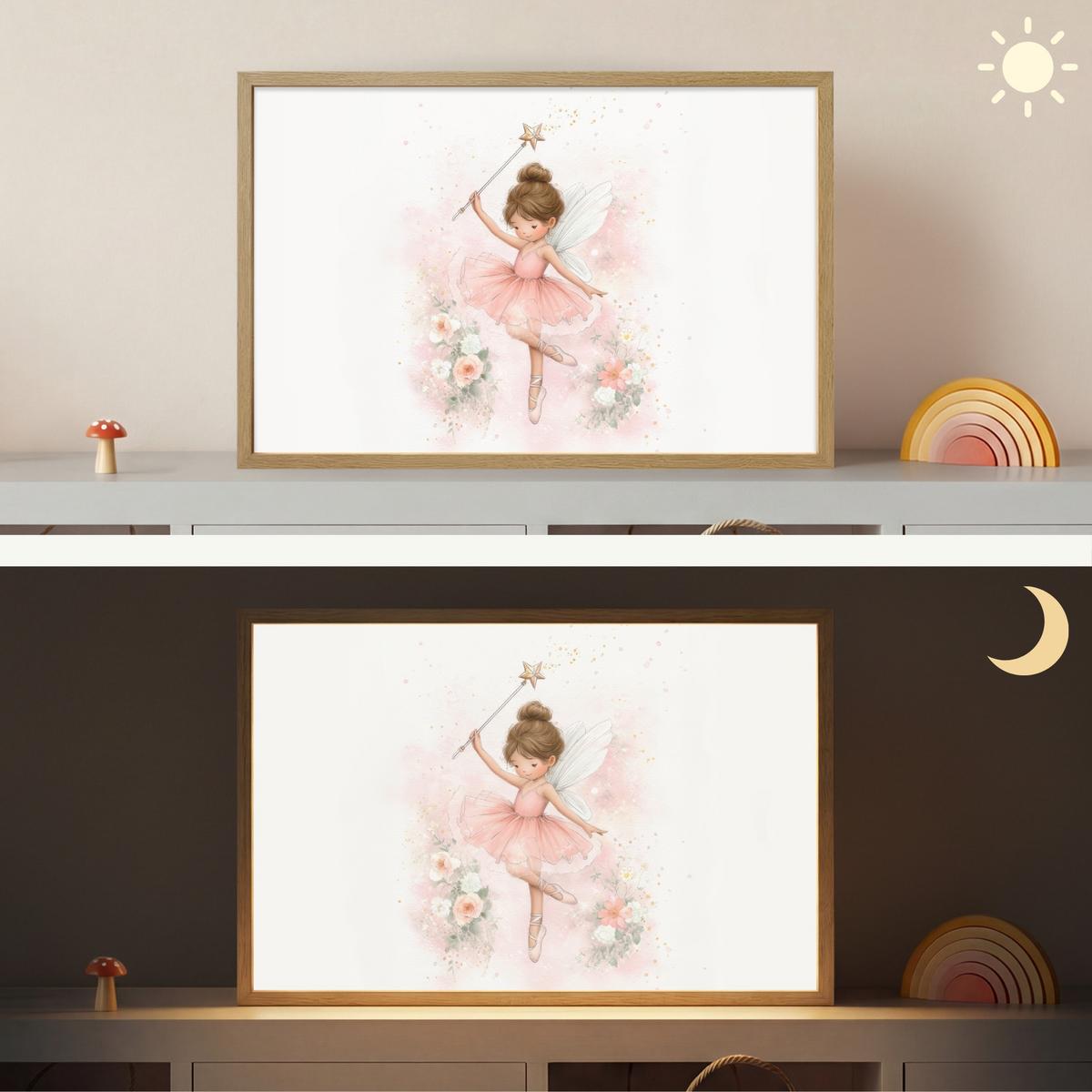 WANDLEUCHTE MIT AKKU Ballerina - Fee - Blumen - Rosa 60x40 cm - Rosa, Holzwerkstoff (60/40/8cm) - OnlyWow