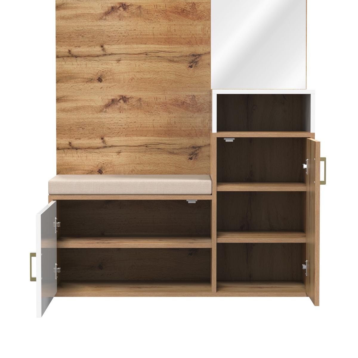 GARDEROBEN-SET 105 cm in Weiß & Eiche-Optik – 3-teilige Flurkombination mit Spiegel, Schuhschrank & Wandpaneel - Naturfarben, Holzwerkstoff (105/190.5/40cm) - Urban Meuble