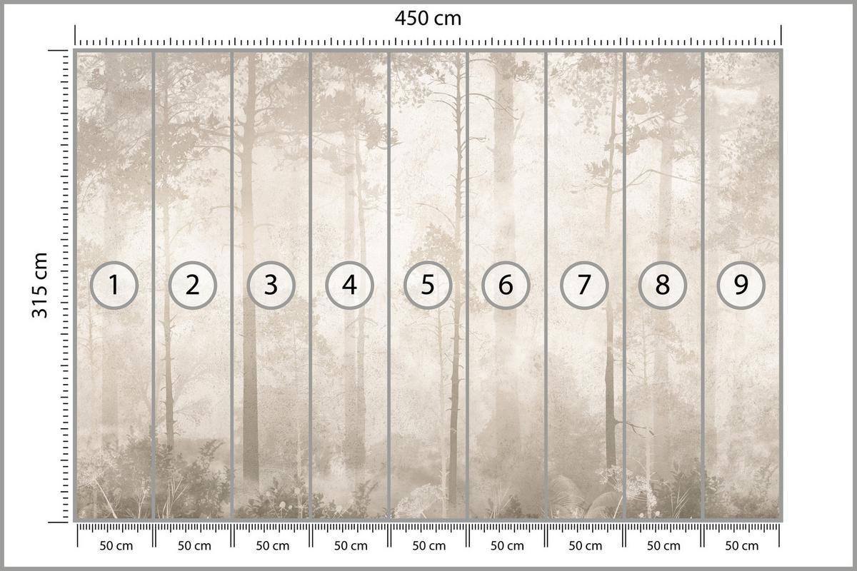 FOTOTAPETE für Wohnzimmer Nebliger Wald Vintage Bäume 450x315 - Beige/Braun, Papier (450/315cm) - Muralo