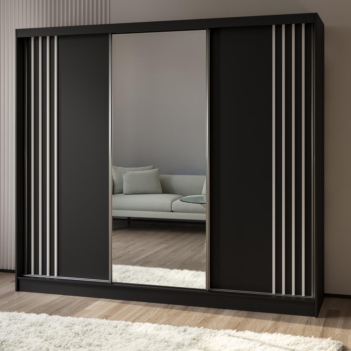 SCHWEBETÜRENSCHRANK NELVIA 240/216/61 cm 3-türig mit Spiegel Schwarz - Schwarz, Holzwerkstoff (240/216/61cm) - MASSENO
