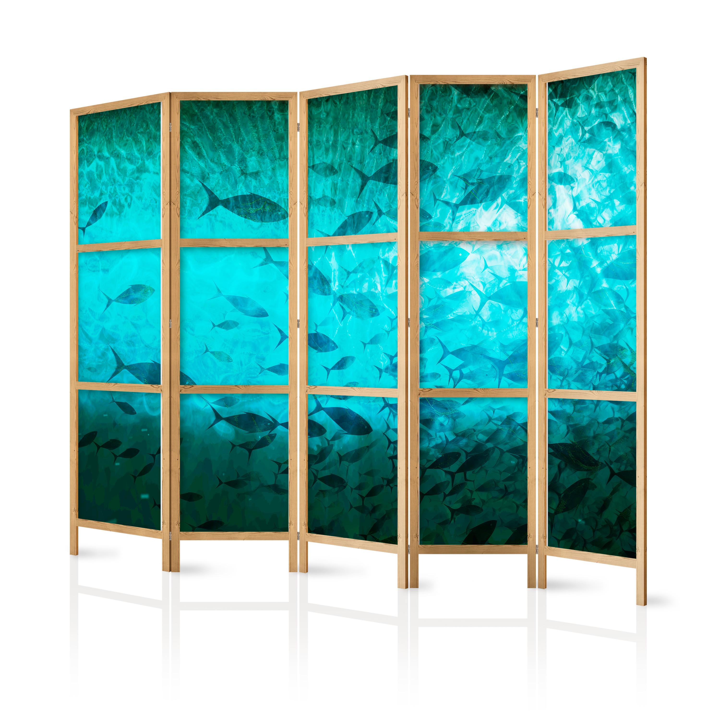 PARAVENT Japanischer 5-tlg 225x172 cm Fische Im Ozean - Blau, Holz/Textil (225/172/3cm) - Muralo