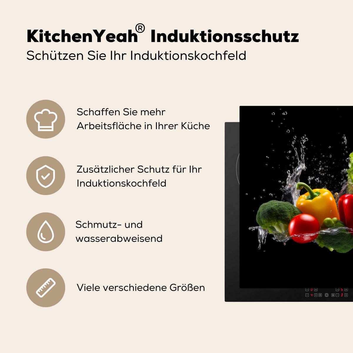 HERDABDECKPLATTE Paprika - Wasser - Gemüse - Schwarz Ceranfeldabdeckung 90x52 cm - Multicolor, Kunststoff (90/52/0.2cm) - MuchoWow