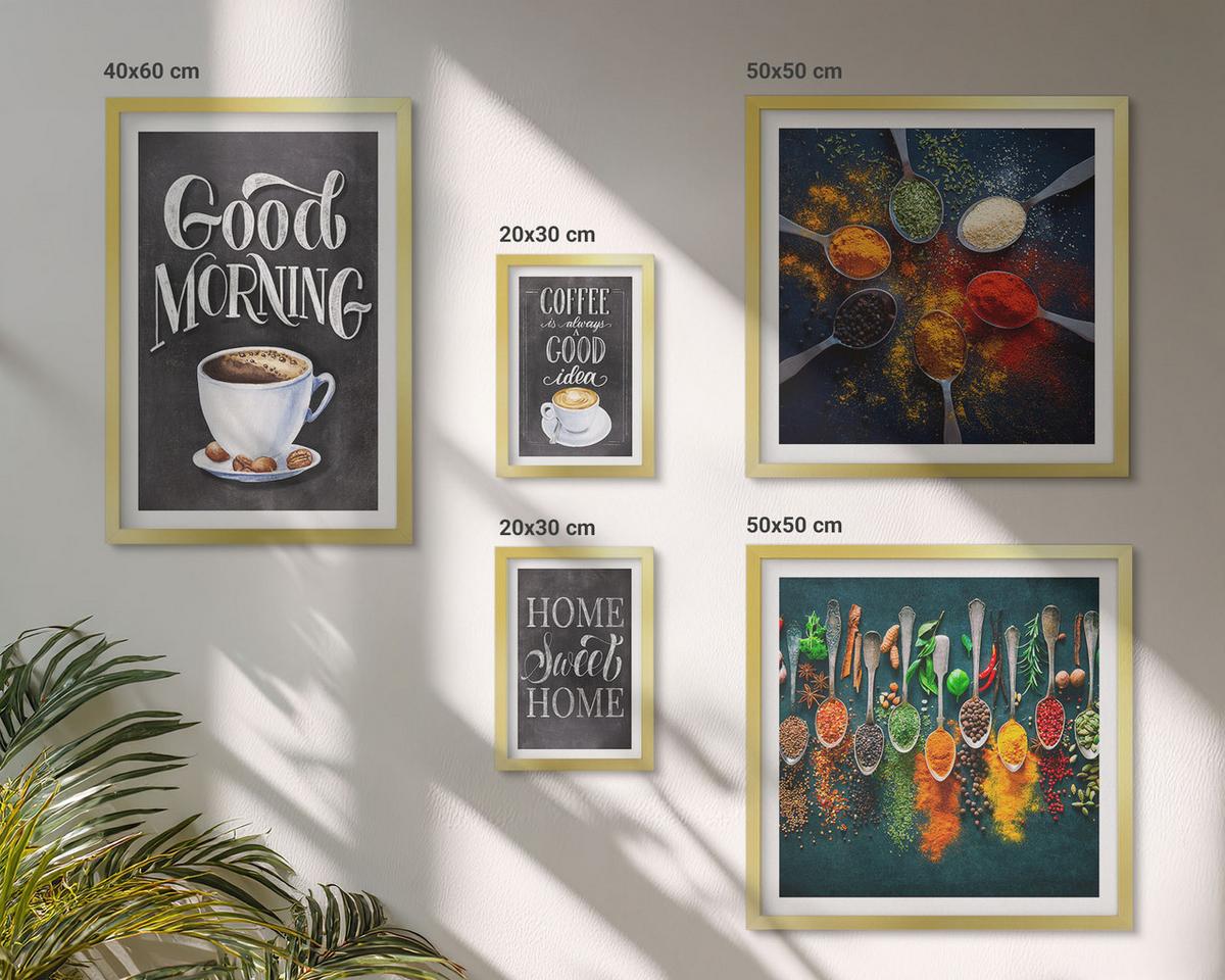 BILDER SET 5er Set - 50x50 cm & 20x30 cm & 40x60 cm Goldrahmen - Gewürze, Kaffee, Tasse, Kräuter - Goldfarben, Kunststoff (40/60cm) - TULUP