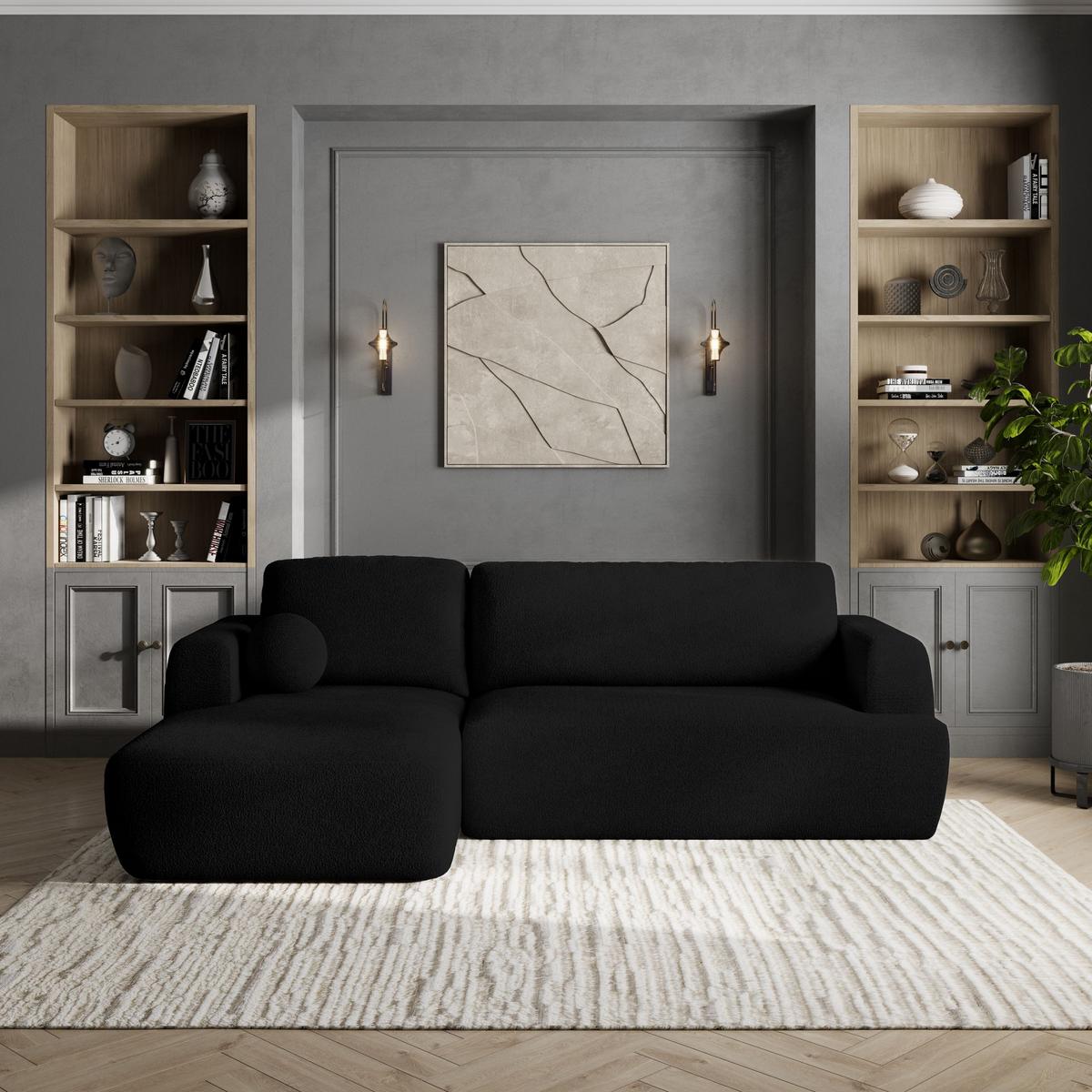 ECKSOFA SENTI N L-S Schwarz Boucle-Stoff mit Schlaffunktion - Schwarz, Holz/Kunststoff (246/148cm) - MASSENO