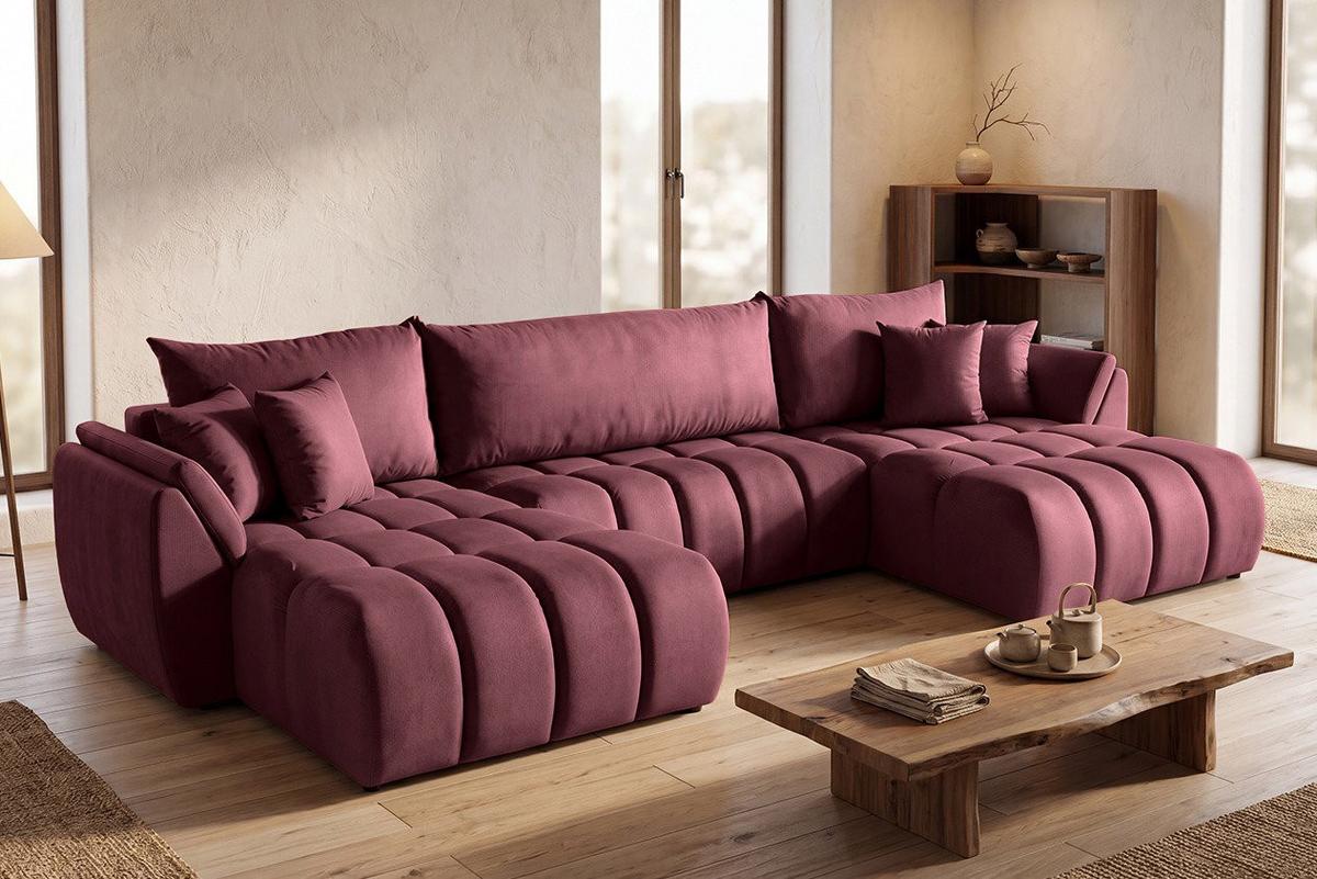 ECKSOFA Iris U mit Schlaffunktion und Bettkasten, U-Form – Bordeaux Samt 382/184/85 cm - Bordeaux/Schwarz, Kunststoff/Textil (382/184cm) - WFL GROUP