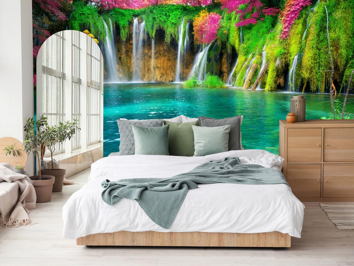 FOTOTAPETE für Küche Exotischer Wasserfall Bäume Pflanzen Tropisch 300x210 - Türkis/Violett, Papier (300/210cm) - Muralo