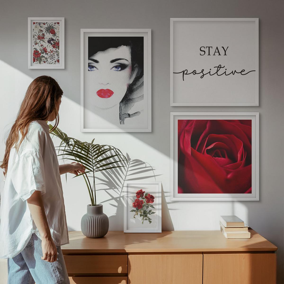 BILDER SET 5er Set - 50x50 cm & 20x30 cm & 40x60 cm Weißer Rahmen - Inschrift mit roten Rosen - Weiß, Kunststoff (40/60cm) - TULUP