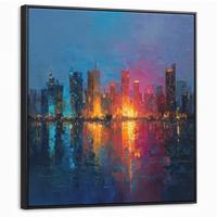LEINWAND Bilder mit Rahmen - Skyline - Pinselstriche - Dunkelblau - Leuchtend - 90x90 - Blau, Textil (90/90cm) - MuchoWow