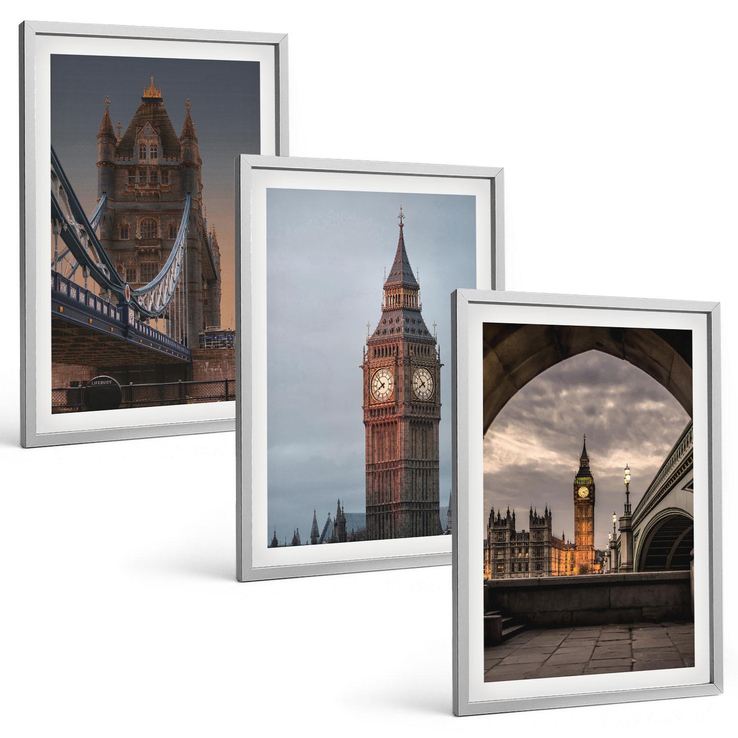 BILDER SET 3er Set - 40x60 cm Silberner Rahmen - London Bridge Big Ben Uhr - Silberfarben, Kunststoff (40/60cm) - TULUP