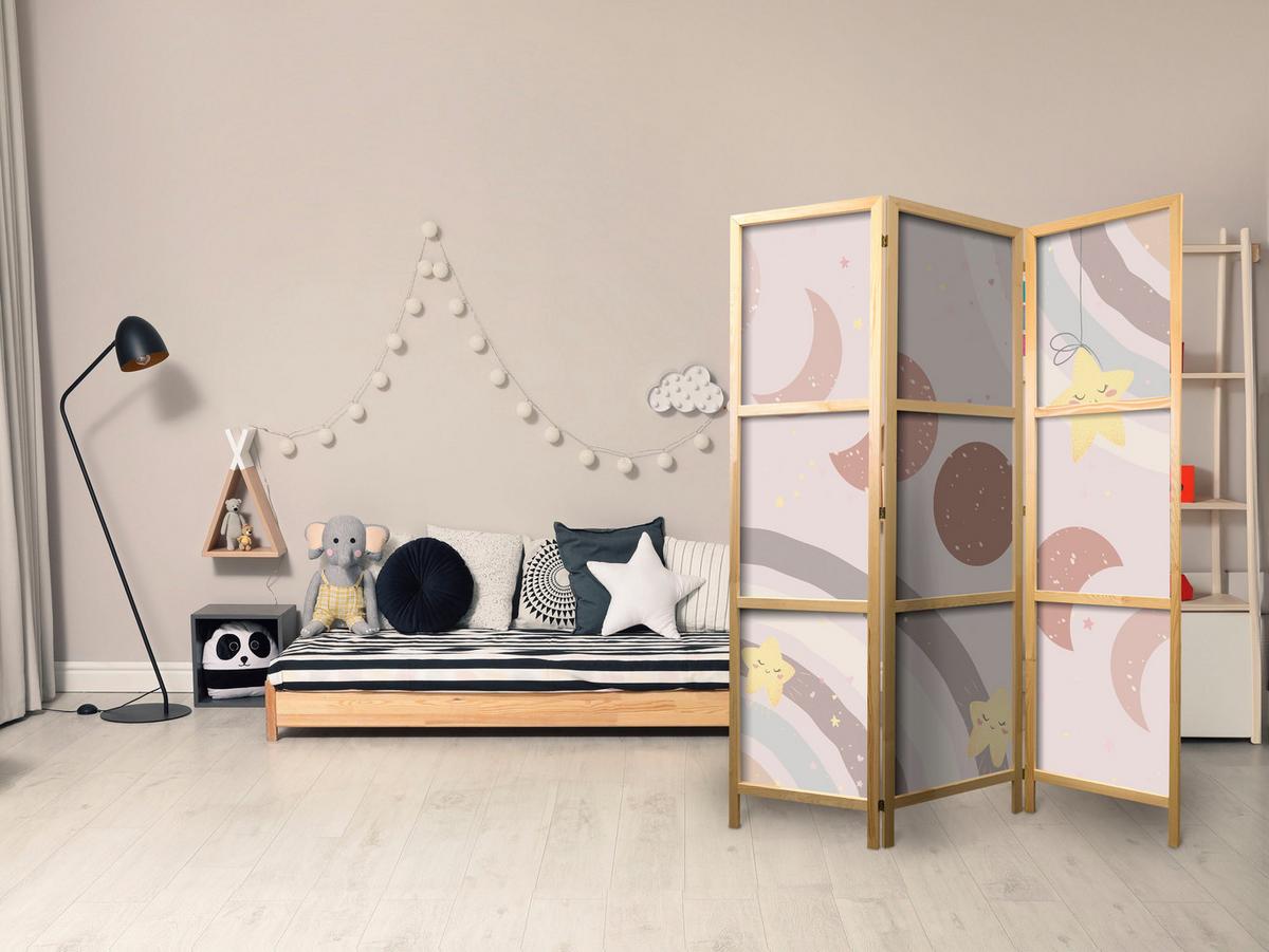 PARAVENT Japanischer 3-tlg 135x172 cm Boho Sterne und Monde - Beige, Holz/Textil (135/172/3cm) - Muralo