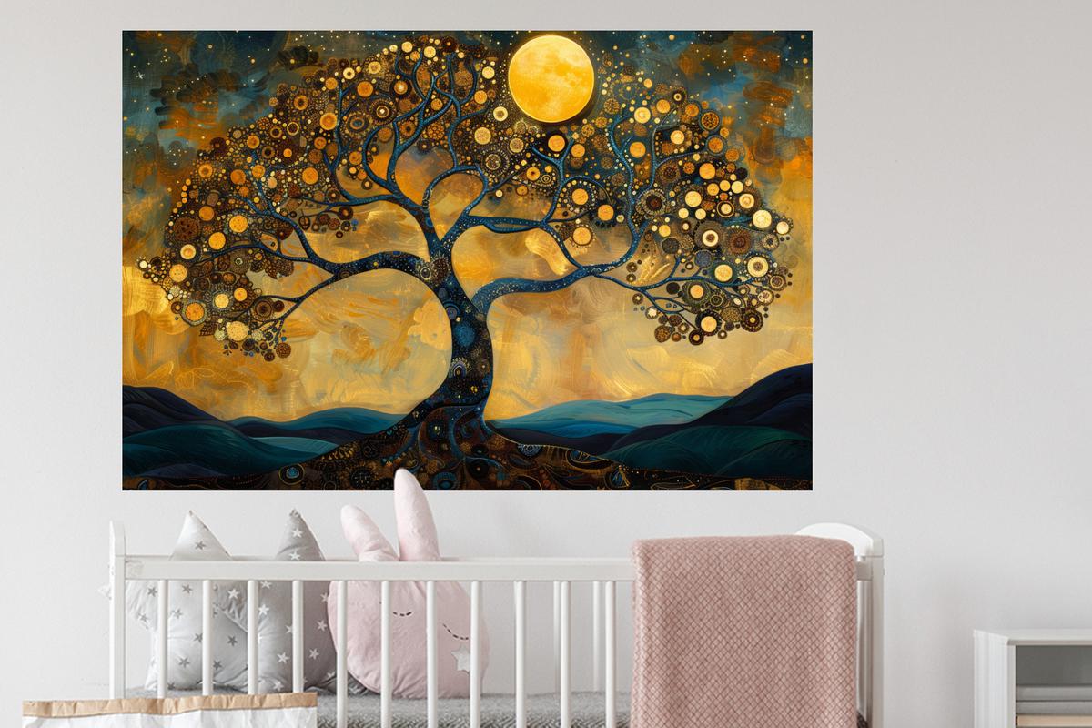 WANDTATTOO Baum - Mond - Blumen - Gold - Kunst Wandsticker 120x80 cm - Orange, Kunststoff (120/80/0.1cm) - MuchoWow