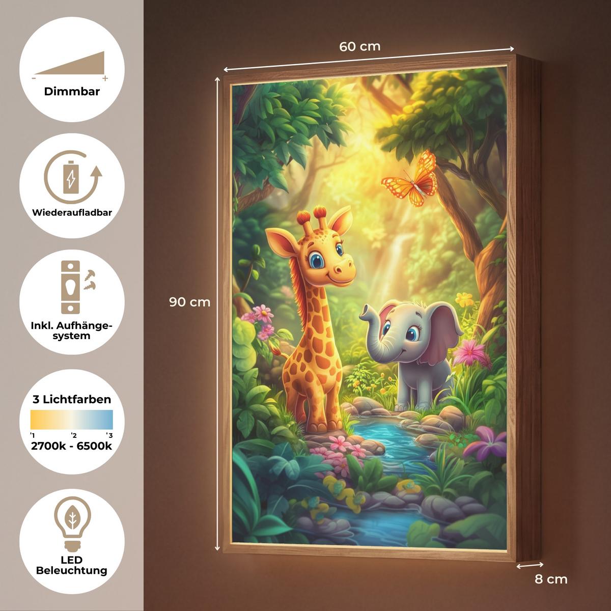 NACHTTISCHLAMPE MIT AKKU Giraffe - Elefant - Blumen - Dschungel 60x90 cm - Grün, Holzwerkstoff (8/60/90cm) - OnlyWow