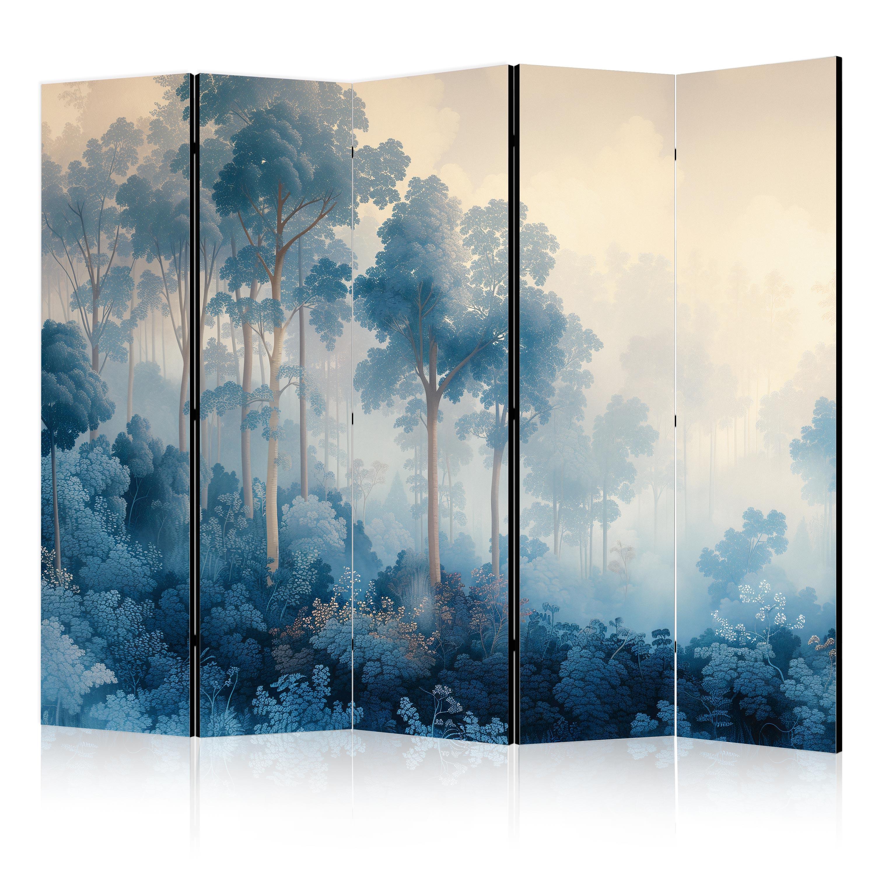 PARAVENT 5-tlg 225x172 cm Blauer Wald im Nebel - Blau, Holz/Textil (225/172/3cm) - Muralo