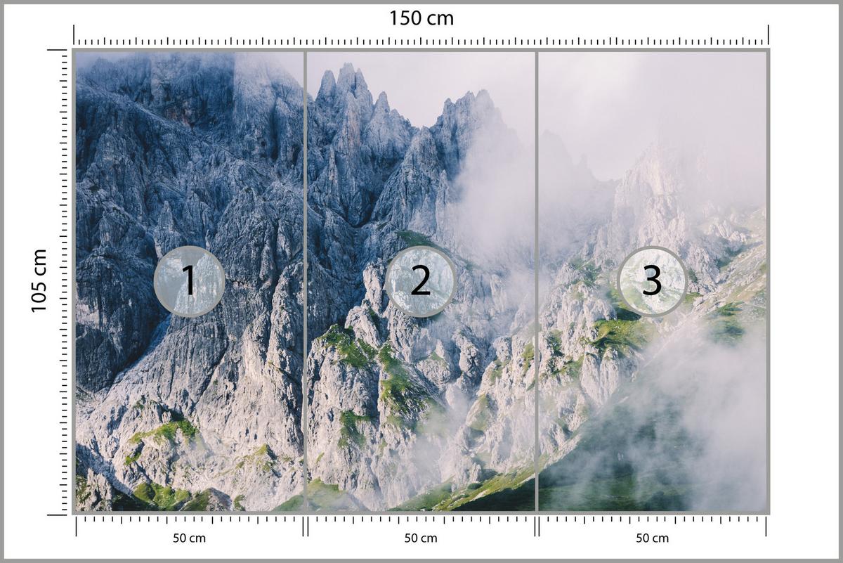 FOTOTAPETE für Wohnzimmer Felsige Berge Nebel Moos 150x105 - Blau/Weiß, Papier (150/105cm) - Muralo