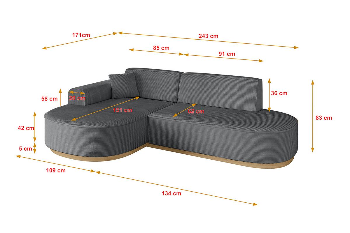 ECKSOFA Ottomane Links MARI-L1-v2 - 243x171x83 cm Dunkelgrau Cord - Dunkelgrau, Holzwerkstoff/Textil (243/171cm) - ALTDECOR