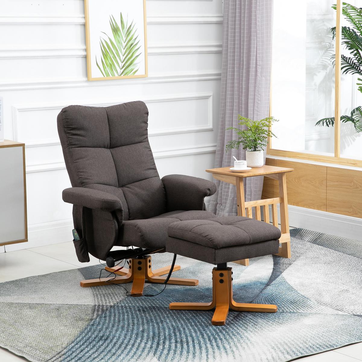 RELAXSESSEL Massagesessel mit Fußhocker Liegefunktion Polyester Braun - Braun, Holz/Textil (86/99/80cm) - HOMCOM