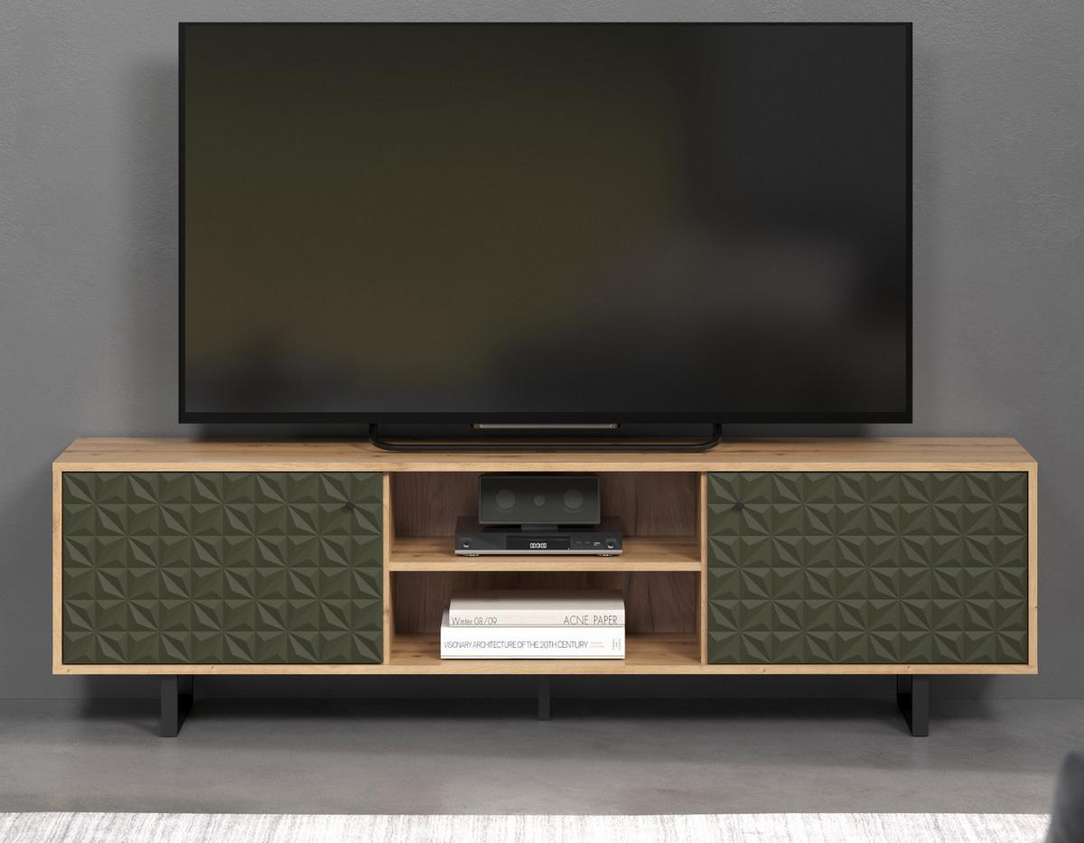 TV-LOWBOARD grün matt mit 3D Struktur, Eiche Artisan 184 cm, TV-Unterteil mit Soft-Close - Schwarz/Eiche Artisan, Holzwerkstoff/Kunststoff (184/52/40cm) - Top.Furn