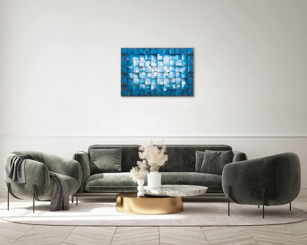 HOLZBILD Blau 90/60 cm - Blau/Weiß, Holz (4.5/60cm) - KUNSTLOFT