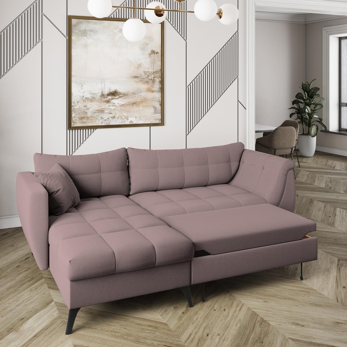 ECKSOFA MOLLIS Rosa Geflochtener-Stoff mit Schlaffunktion - Rosa, Holz (241/154cm) - MASSENO