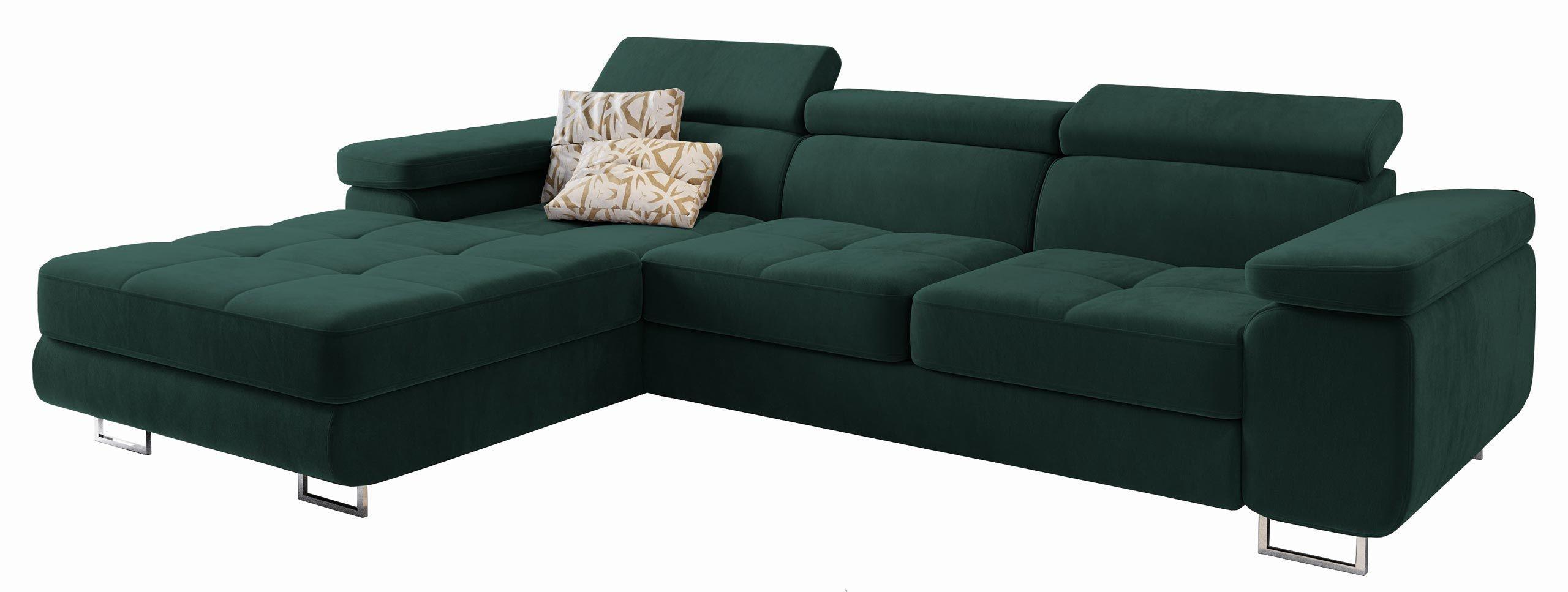 ECKSOFA ELMA L-S Grün Velours-Stoff mit Schlaffunktion - Silberfarben/Grün, Holz/Textil (280/205cm) - MASSENO