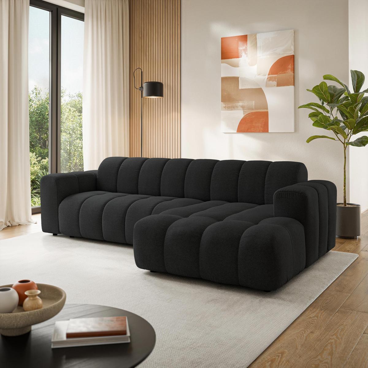 ECKSOFA SETIA Schwarz Strukturstoff mit Schlaffunktion - Schwarz, Holz (304/165cm) - MASSENO