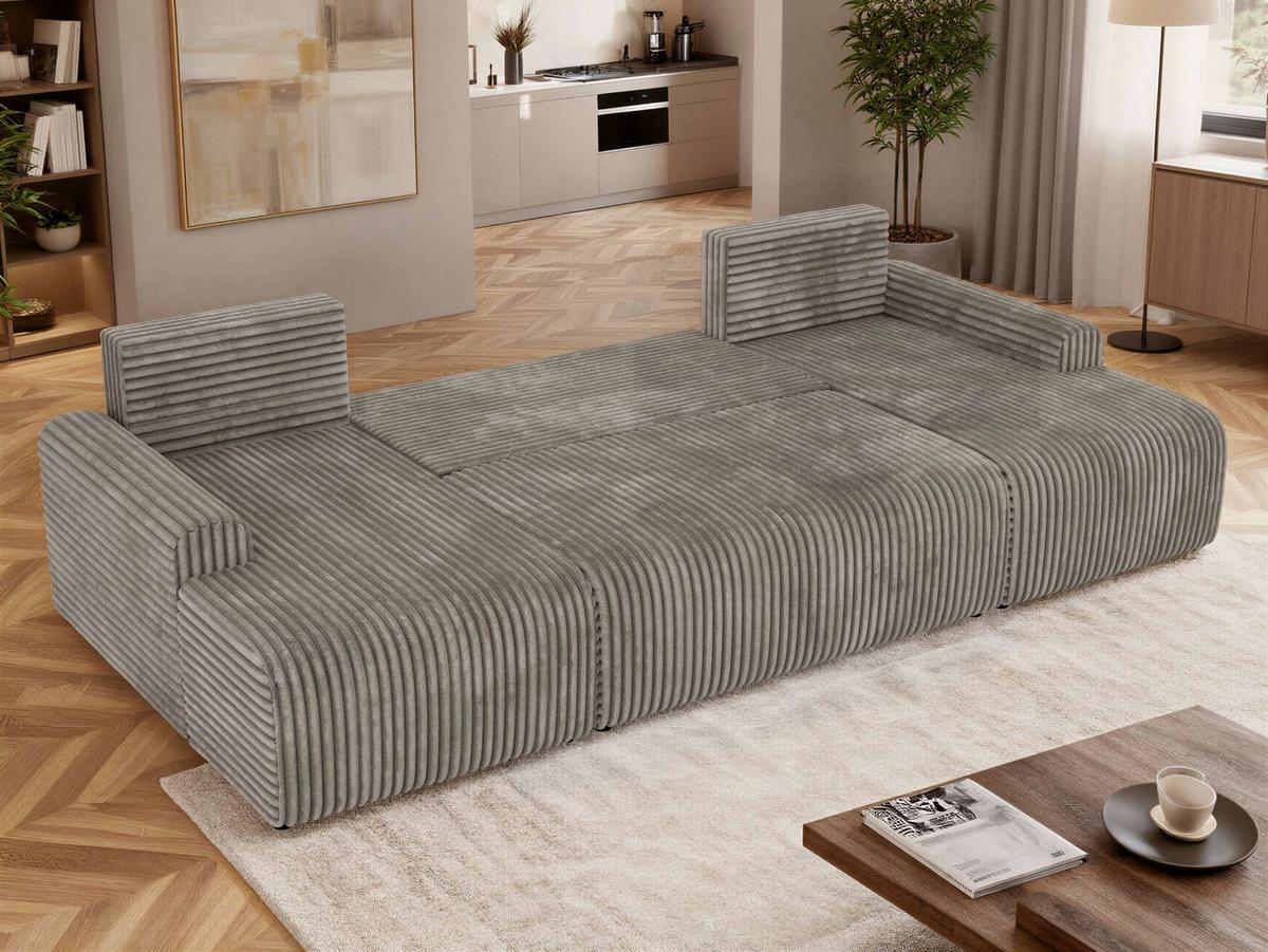 WOHNLANDSCHAFT NESSARO U Hellbraun Cord - Hellbraun/Schwarz, Kunststoff/Textil (312/92/151cm) - MKS