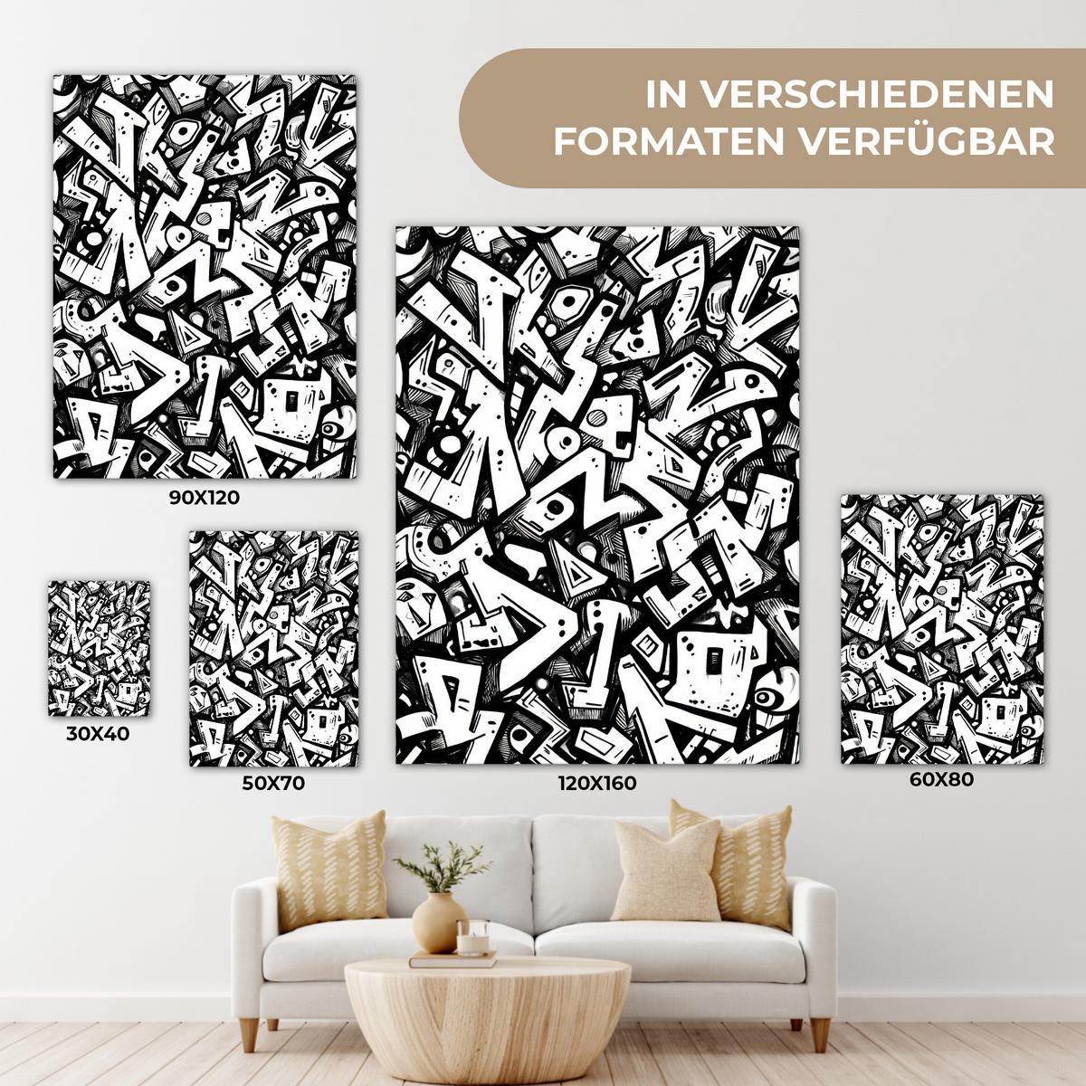LEINWANDBILD Formen - Buchstaben - Graffiti - Schwarz Wandbild Wohnzimmer 60x80 cm - Schwarz, Textil (60/80cm) - MuchoWow