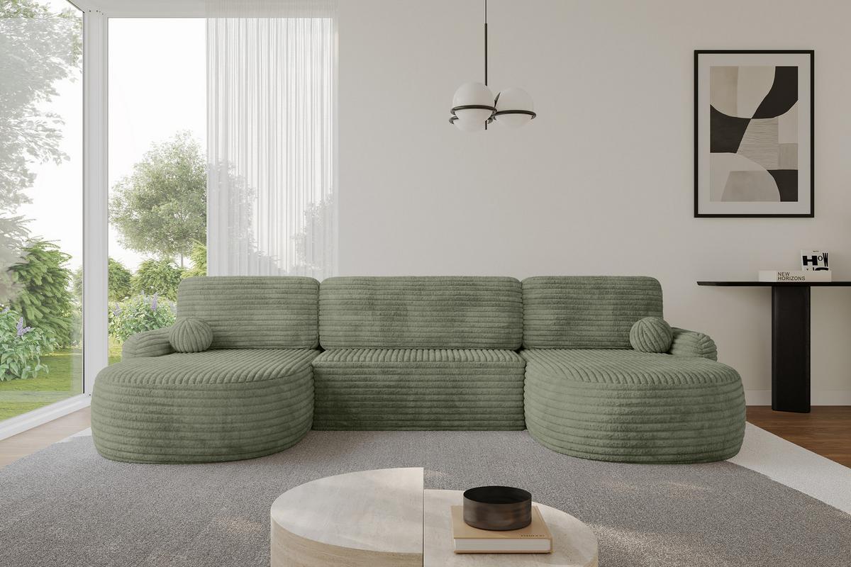 WOHNLANDSCHAFT mit Schlaffunktion und Bettkasten LIRA-U - 335x172x89 Olive - Olivgrün, Holzwerkstoff/Textil (335/89/172cm) - ALTDECOR