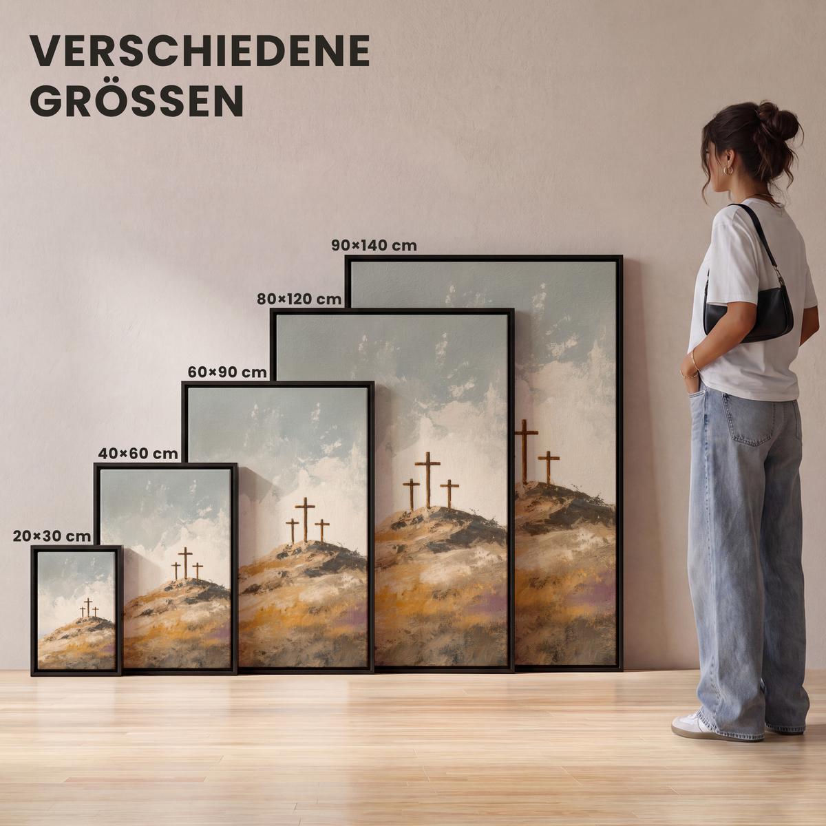 LEINWAND Bilder mit Rahmen - Hügel - Abstrakt - Christentum - Kreuz - 90x140 - Hellgrau, Textil (90/140cm) - MuchoWow
