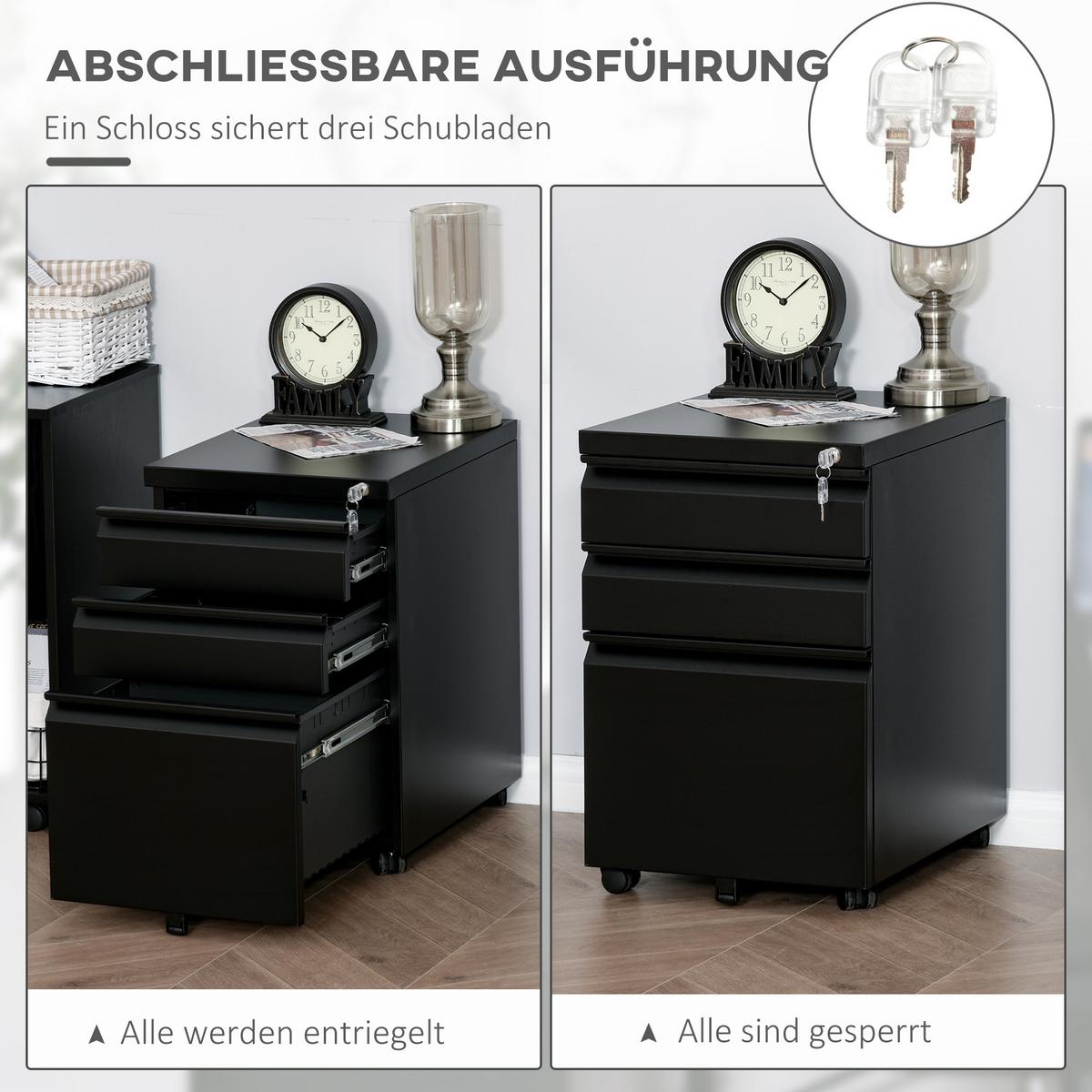 ROLLCONTAINER Aktenschrank Büroschrank mit 3 Schubladen Räder Stahl Schwarz - Schwarz, Metall (48/60/39cm) - Vinsetto