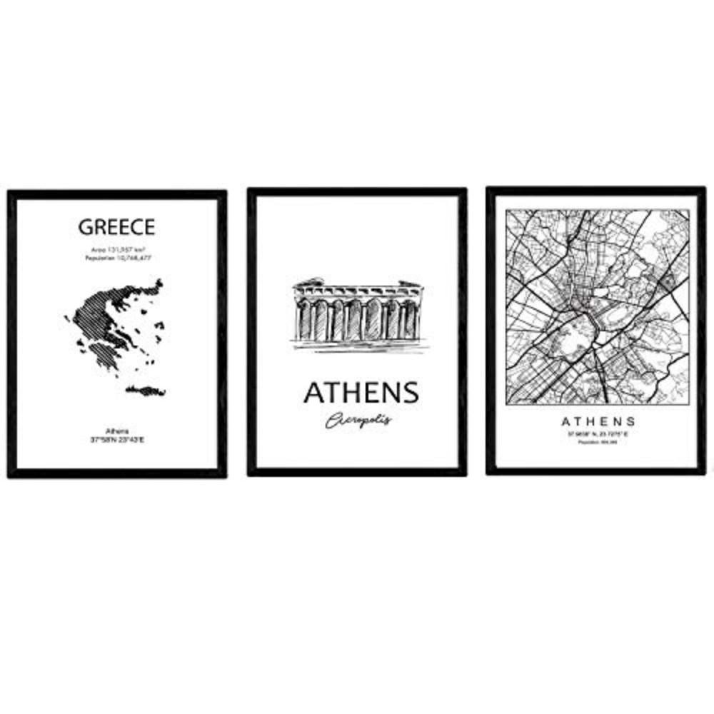 POSTER Set Mit 3 Athen Stadtplan, Akropolis A3 Rahmenlos - Klar, Papier (29.7/5/42cm) - Nacnic