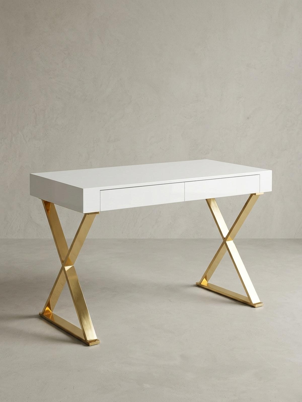 SCHREIBTISCH – Weiß Hochglanz, goldene Beine, 2 Schubladen, modern - Goldfarben/Weiß, Holz/Metall (57/118/76cm) - KADIMA DESIGN