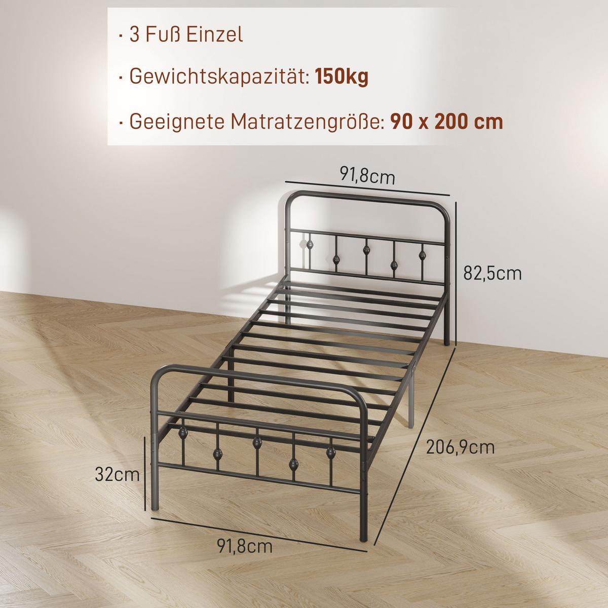 BETTRAHMEN für Matratze 200 x 90 cm, 82,5 cm hoch Metallbett, Schwarz - Schwarz, Metall - HOMCOM