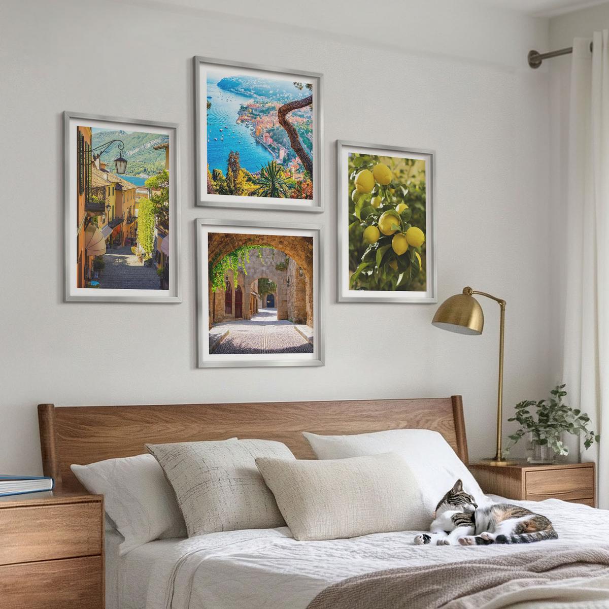 BILDER SET 4er Set - 50x50 cm & 40x60 cm Silberner Rahmen - Straßen am Meer, ein Meer aus Zitronen - Silberfarben, Kunststoff (50/50cm) - TULUP