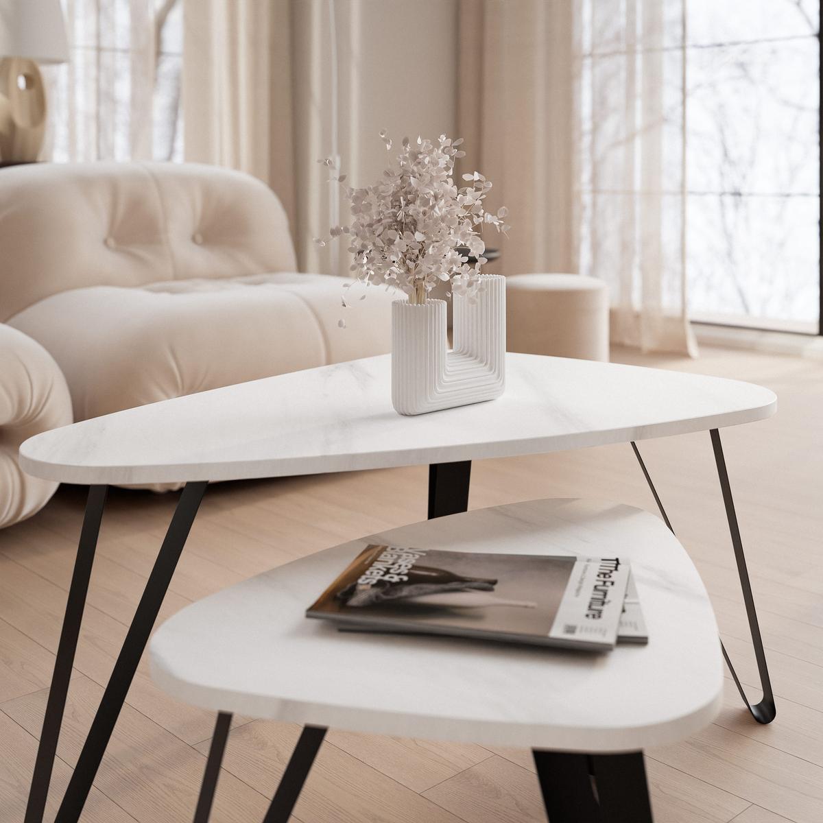 SATZTISCH NOA Stahlgestell, Freiform, Schwarz / Bianco Marmor - Perlmutt/Schwarz, Holzwerkstoff/Metall (94/60/42cm) - Idohome