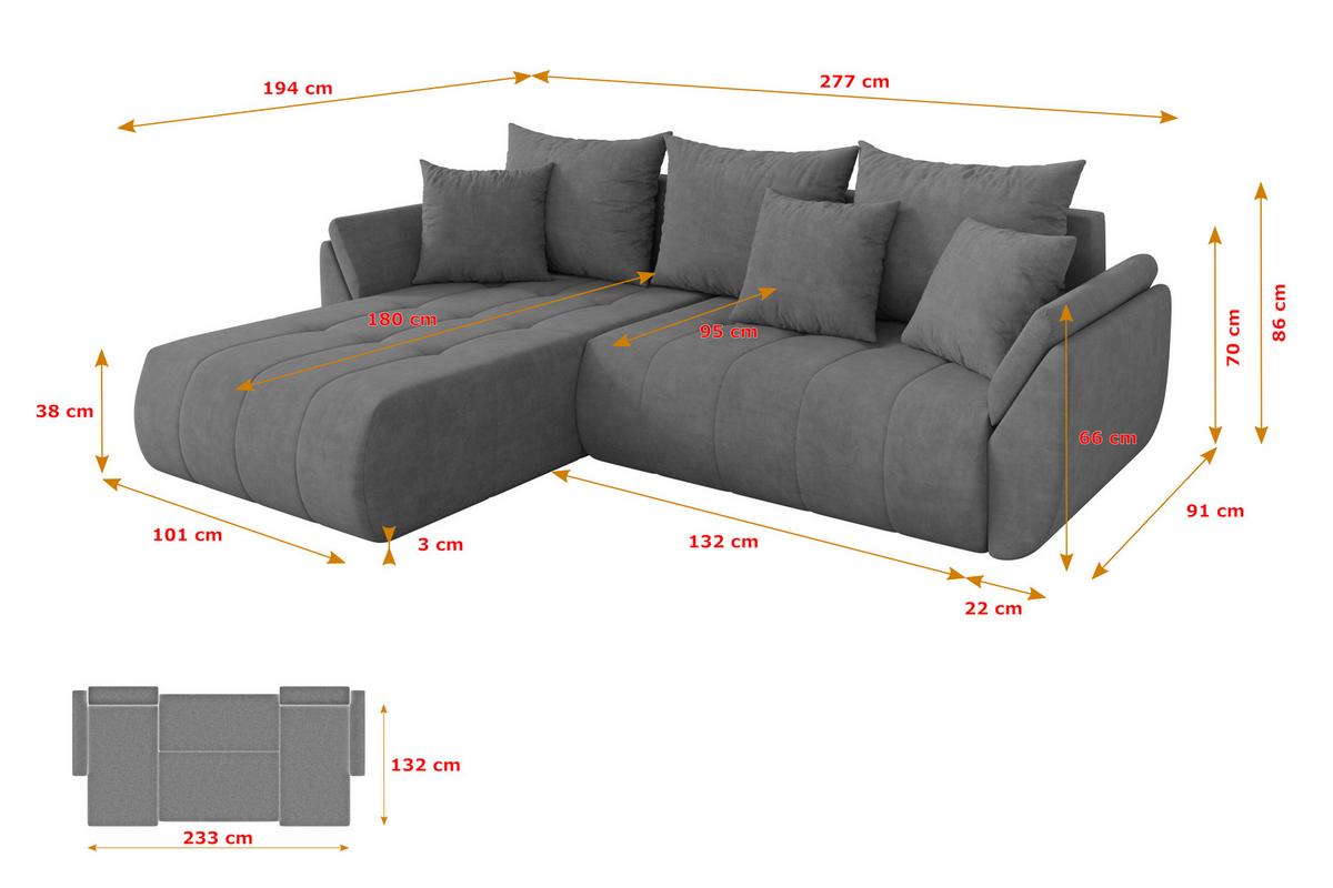 ECKSOFA mit Schlaffunktion Ottomane Links TOKO-L 277x194x86 Grau Velours - Taupe/Schwarz, Holzwerkstoff/Kunststoff (277/194cm) - ALTDECOR